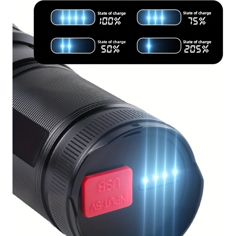 LED Taschenlampe wiederaufladbar USB-C 2000 Lumen Aluminium starker Strahl 800m verstellbarer Fokus - Schwarz