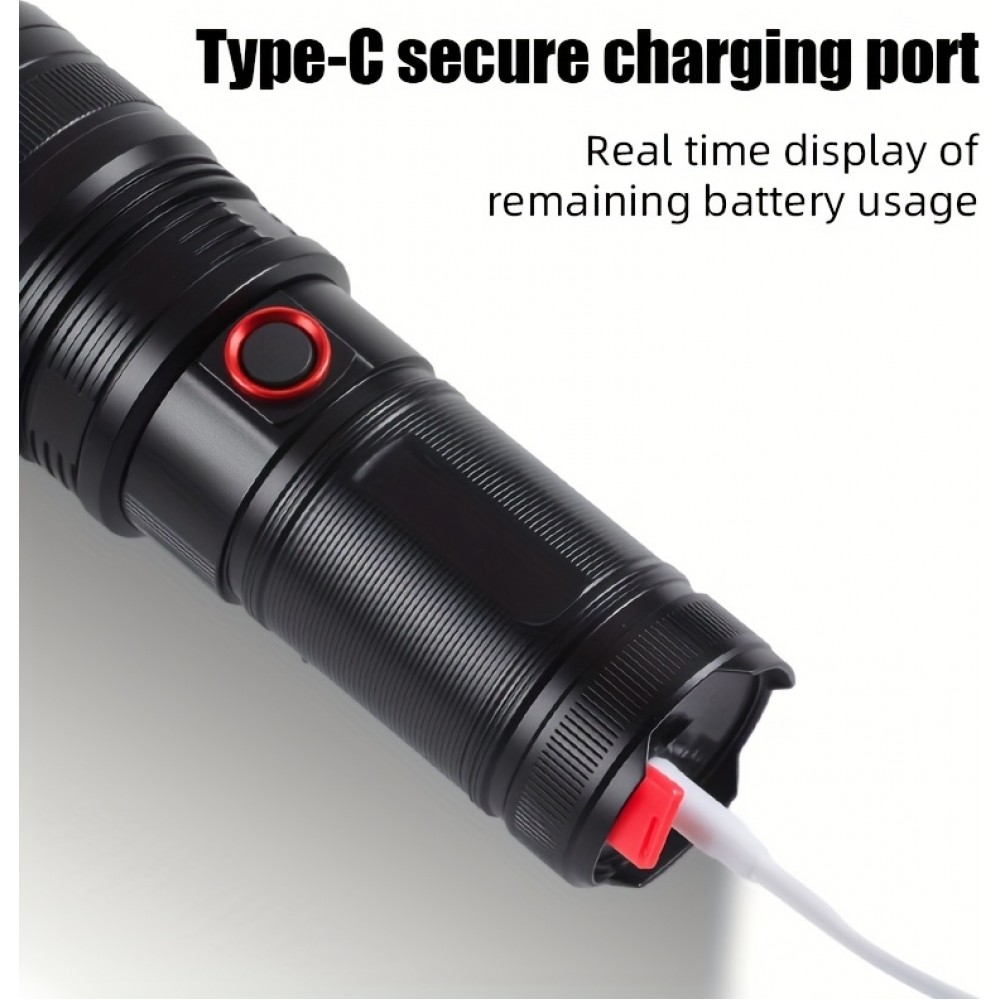 LED Taschenlampe wiederaufladbar USB-C 2000 Lumen Aluminium starker Strahl 800m verstellbarer Fokus - Schwarz