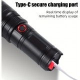 LED Taschenlampe wiederaufladbar USB-C 2000 Lumen Aluminium starker Strahl 800m verstellbarer Fokus - Schwarz