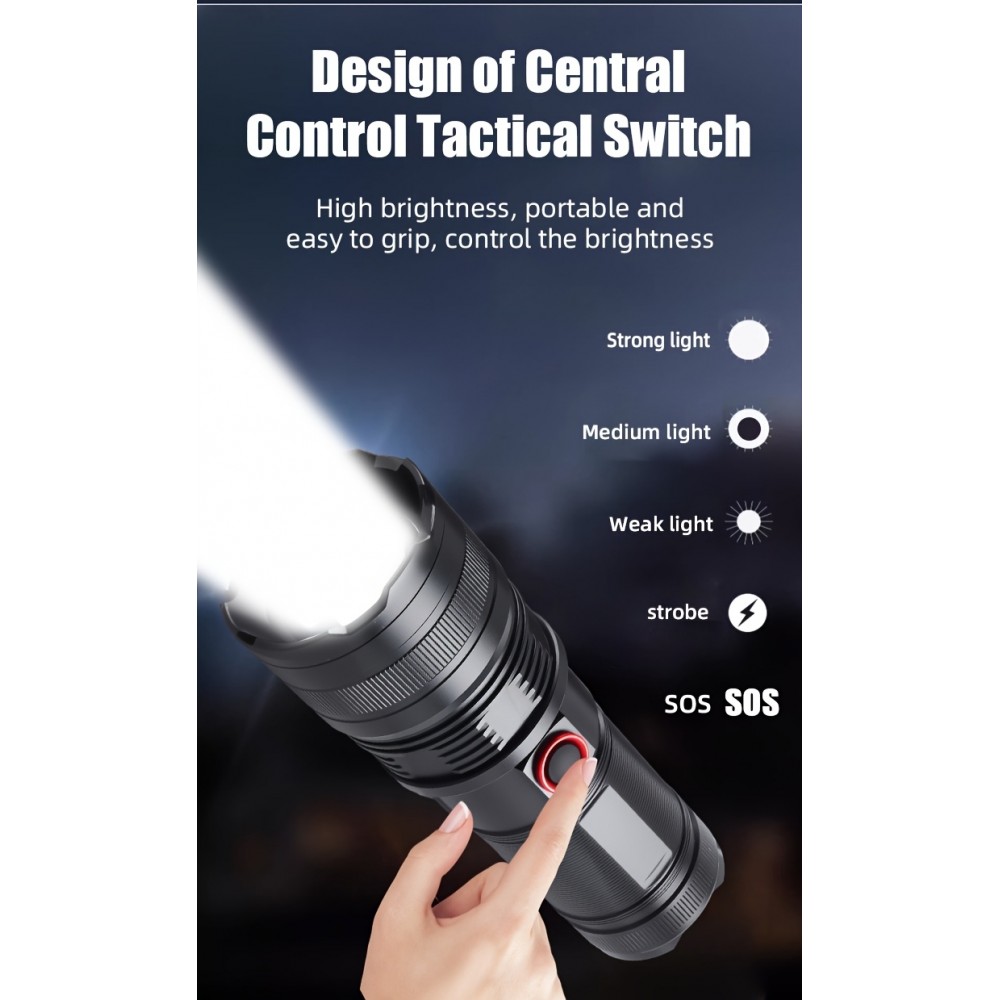 LED Taschenlampe wiederaufladbar USB-C 2000 Lumen Aluminium starker Strahl 800m verstellbarer Fokus - Schwarz