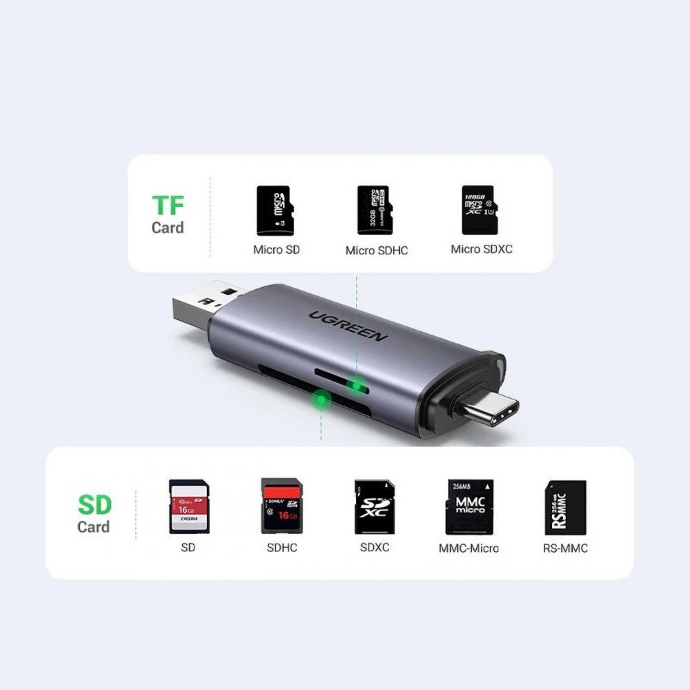 Ugreen 2-in-1 Kartenleser mit USB-C / USB-A 3.0 / SD-Karte / TF-Karte - Ultra-kompakt - Grau
