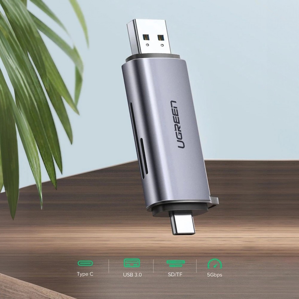 Ugreen 2-in-1 Kartenleser mit USB-C / USB-A 3.0 / SD-Karte / TF-Karte - Ultra-kompakt - Grau