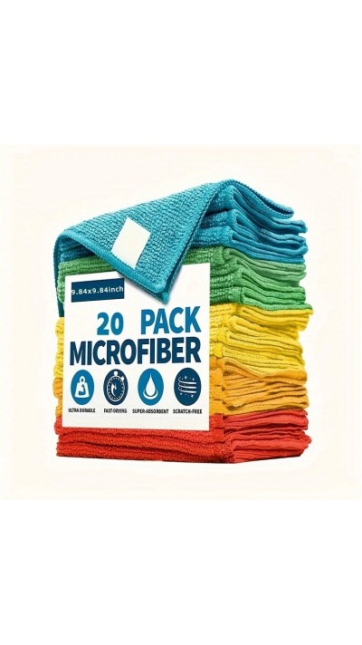 20er-Set ultra-absorbierende Mikrofasertücher 25 x 25 cm wiederverwendbar für Zuhause - Mehrfarbig