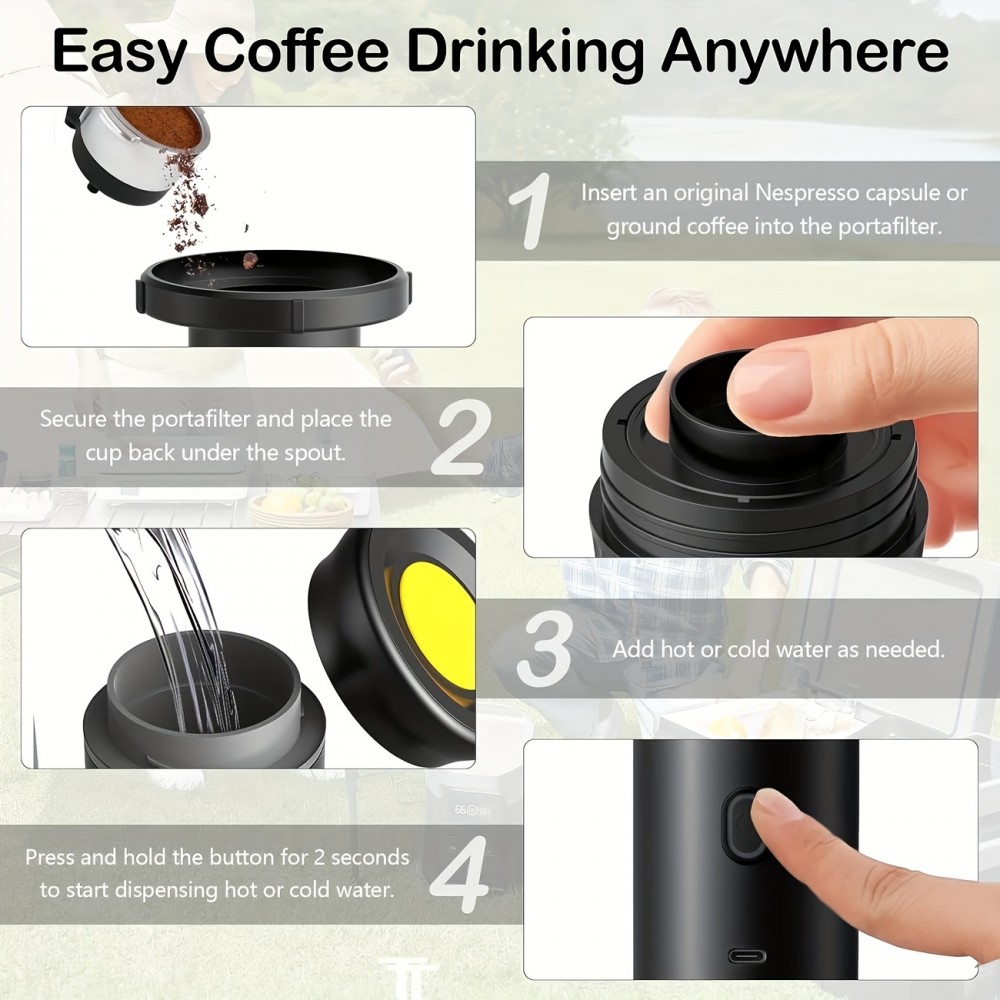 Portabler elektrischer USB-C Espressomaschine (Kapseln) mit 7500mA Batterie für Reisen - Schwarz
