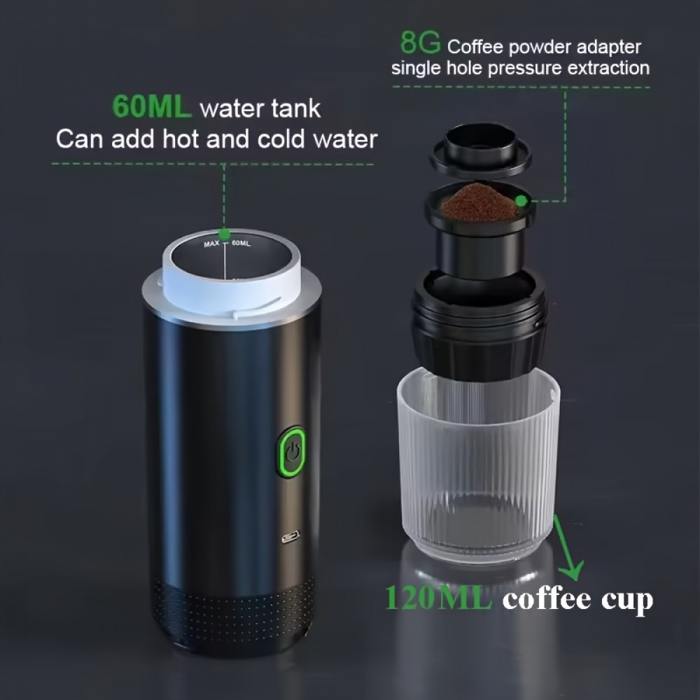 Portabler elektrischer USB-C Espressomaschine (Kapseln) mit 7500mA Batterie für Reisen - Schwarz