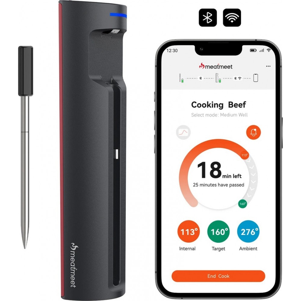 Meatmeet Pro Smart Thermometer Bluetooth WiFi für Grill Ofen Räuchergerät - Schwarz