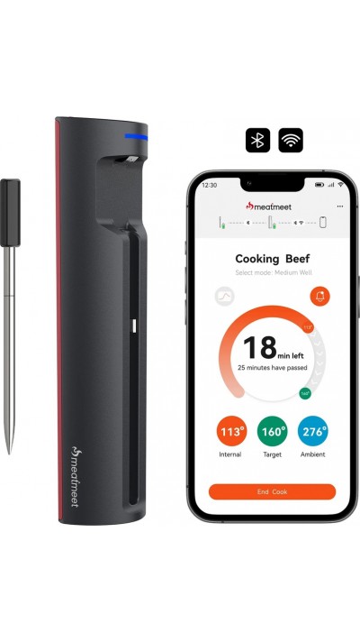 Meatmeet Pro Smart Thermometer Bluetooth WiFi f&uuml;r Grill Ofen R&auml;ucherger&auml;t - Schwarz