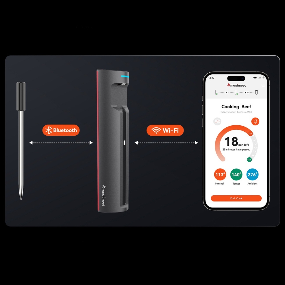 Meatmeet Pro Smart Thermometer Bluetooth WiFi für Grill Ofen Räuchergerät - Schwarz