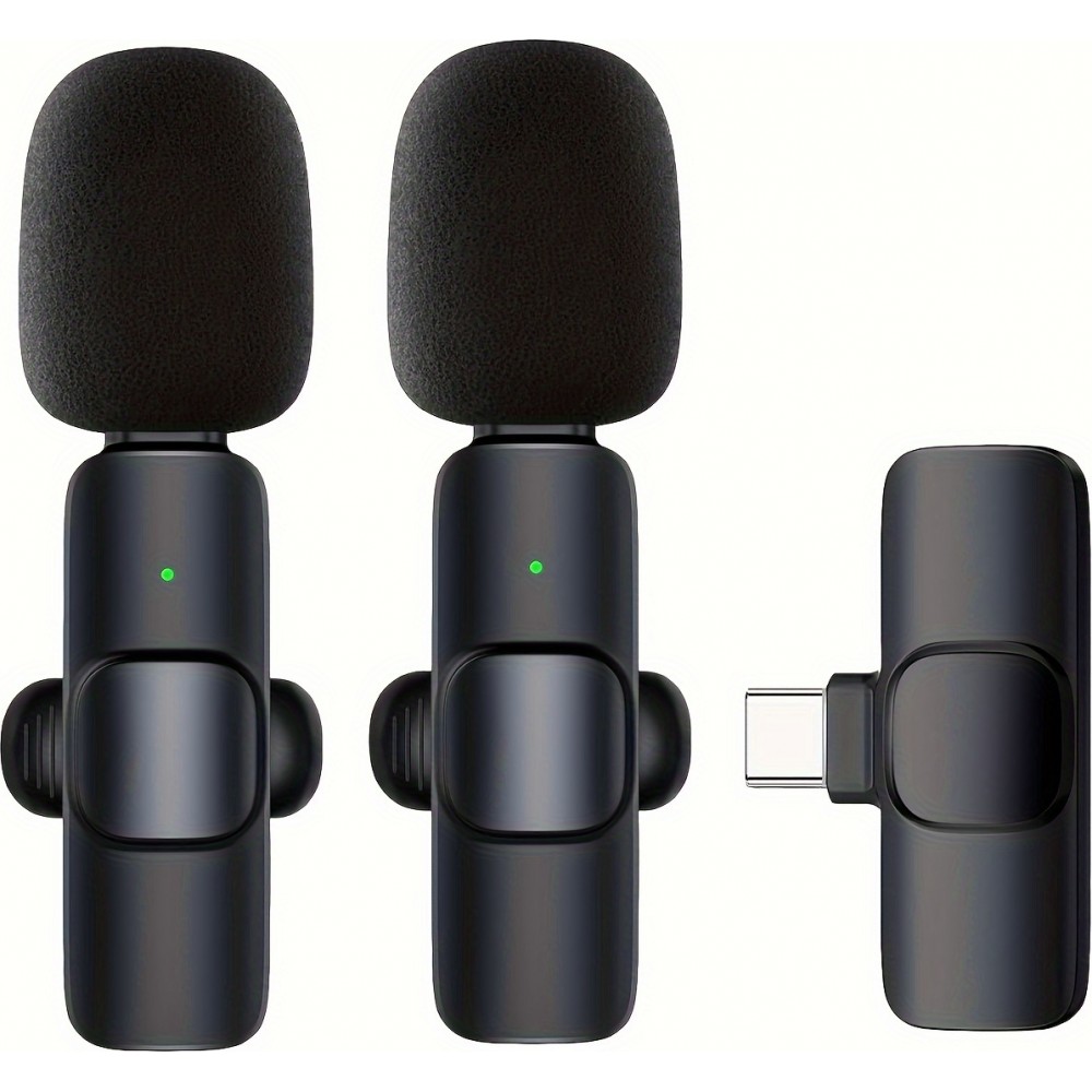 Kabelloses Bluetooth USB-C Lavalier-Mikrofon Set (2 St&uuml;ck) f&uuml;r Smartphone und Tablet mit einfacher Aufnahme - Schwarz