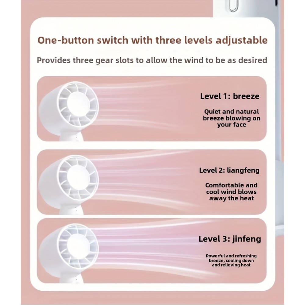 Mini USB Ventilator tragbar wiederaufladbar 3 Geschwindigkeiten mit Ständer - Rosa