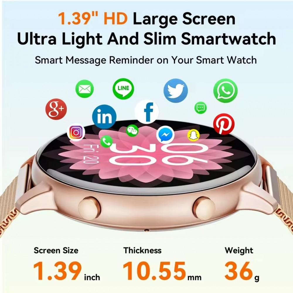 Smartwatch BT Call G25 Bluetooth 1.39 Zoll Display  wasserdicht Fitness Tracker Herzfrequenz Blutdruck Blutsauerstoff Schlaf&uuml;berwachung Stress- und Atemkontrolle - Rosa gold