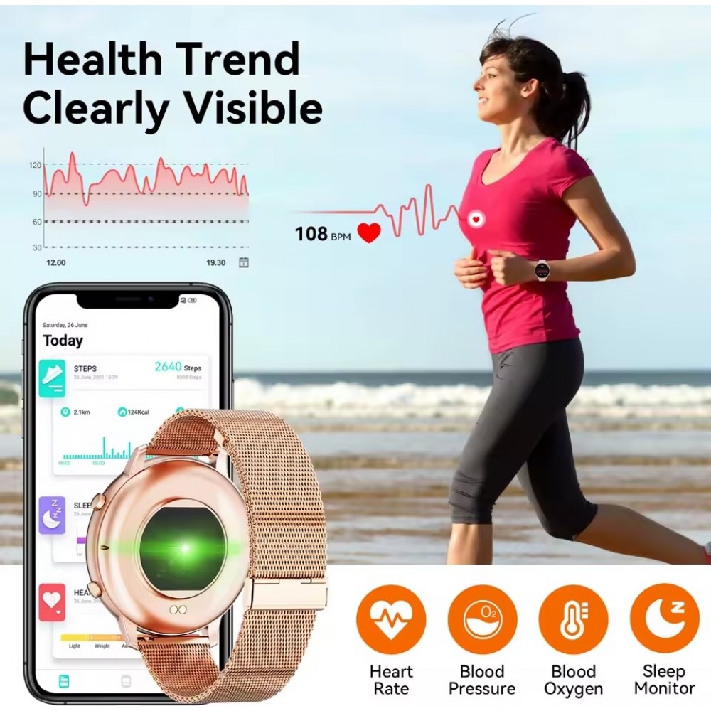 Smartwatch BT Call G25 Bluetooth 1.39 Zoll Display  wasserdicht Fitness Tracker Herzfrequenz Blutdruck Blutsauerstoff Schlaf&uuml;berwachung Stress- und Atemkontrolle - Rosa gold