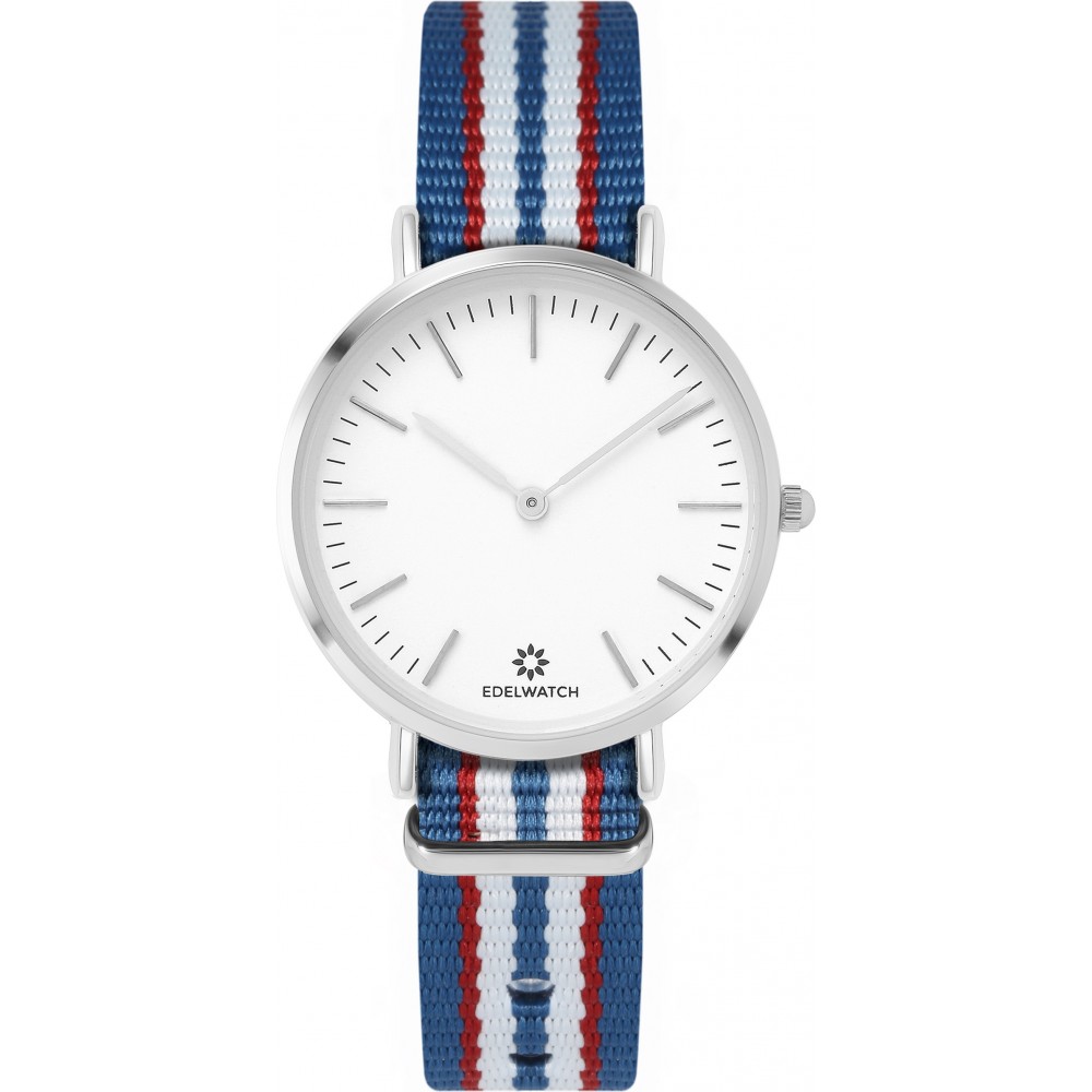 Montre Edelwatch 32 mm (Ladies) cadran argenté fond blanc (pile non incluse) - Bracelet bleu clair / rouge / blanc
