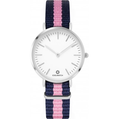 Montre Edelwatch 32 mm (Ladies) cadran argenté fond blanc (pile non incluse) - Bracelet bleu / rose