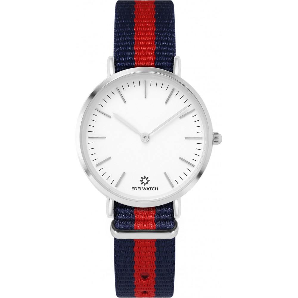 Montre Edelwatch 32 mm (Ladies) cadran argenté fond blanc (pile non incluse) - Bracelet bleu / rouge
