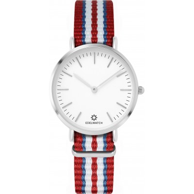 Montre Edelwatch 32 mm (Ladies) cadran argenté fond blanc (pile non incluse) - Bracelet rouge / bleu / blanc
