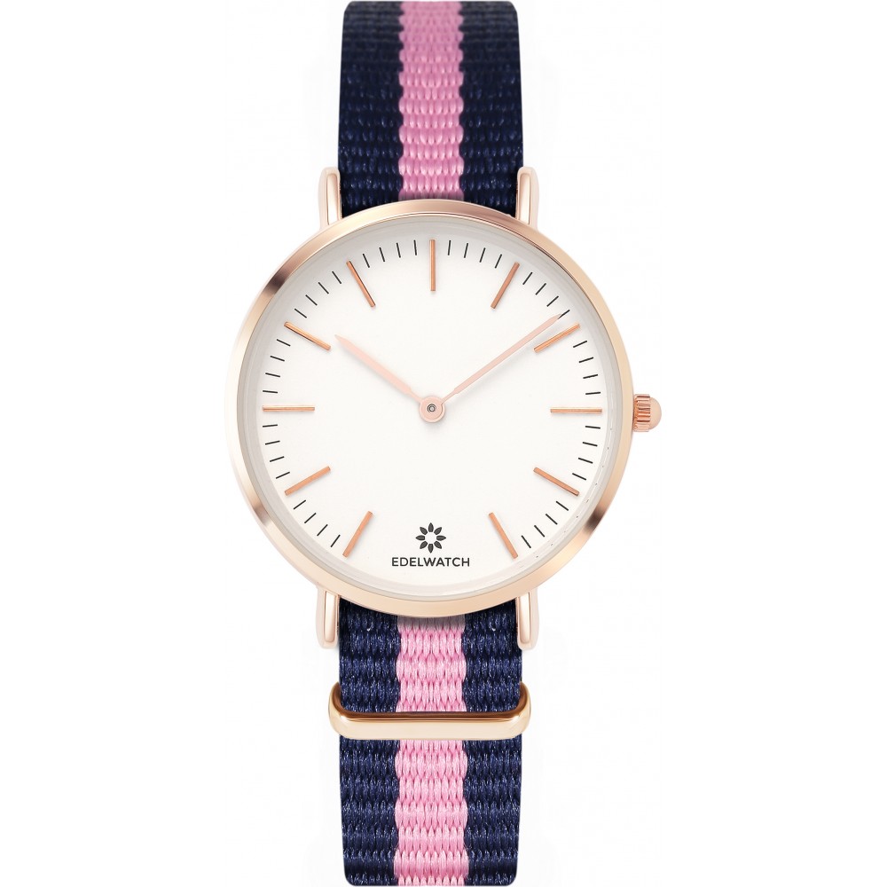 Montre Edelwatch 32 mm (Ladies) cadran doré fond blanc (pile non incluse) - Bracelet bleu / rose