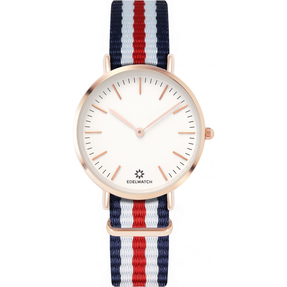 Montre Edelwatch 32 mm (Ladies) cadran doré fond blanc (pile non incluse) - Bracelet bleu foncé / blanc / rouge
