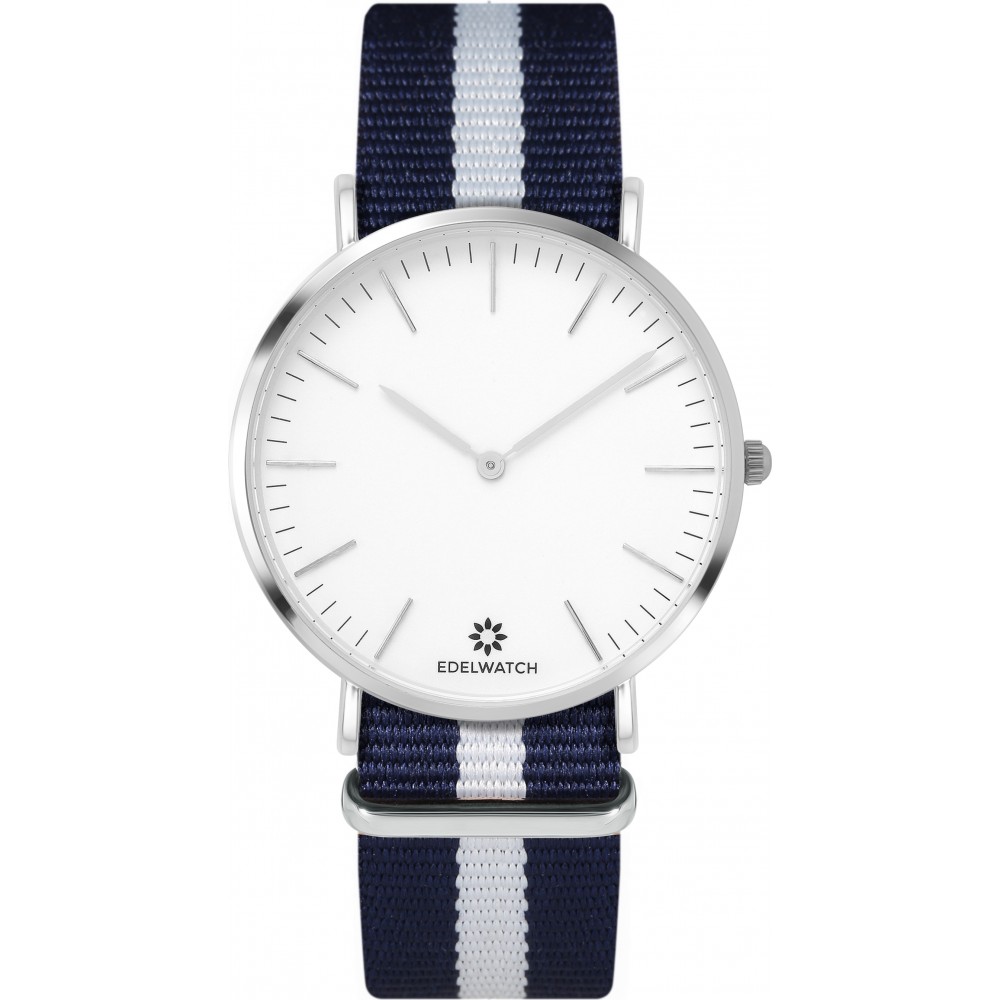 Montre Edelwatch 41 mm (Men) cadran argenté fond blanc (pile non incluse) - Bracelet bleu / blanc