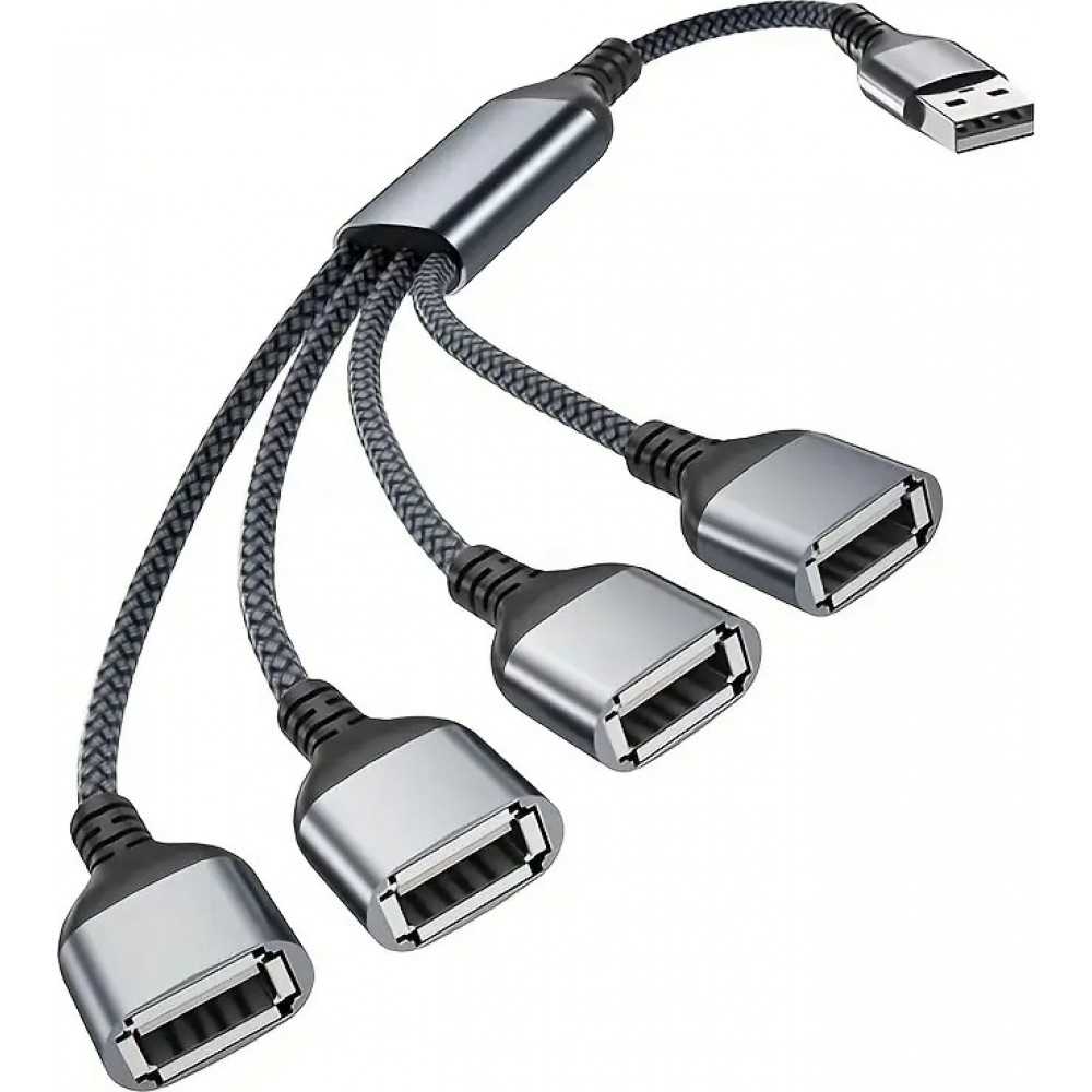 USB-A Mehrfachsteckdose mit 4x USB-A Anschlüssen und 30 cm Kabel Mehrfachladehub - Grau