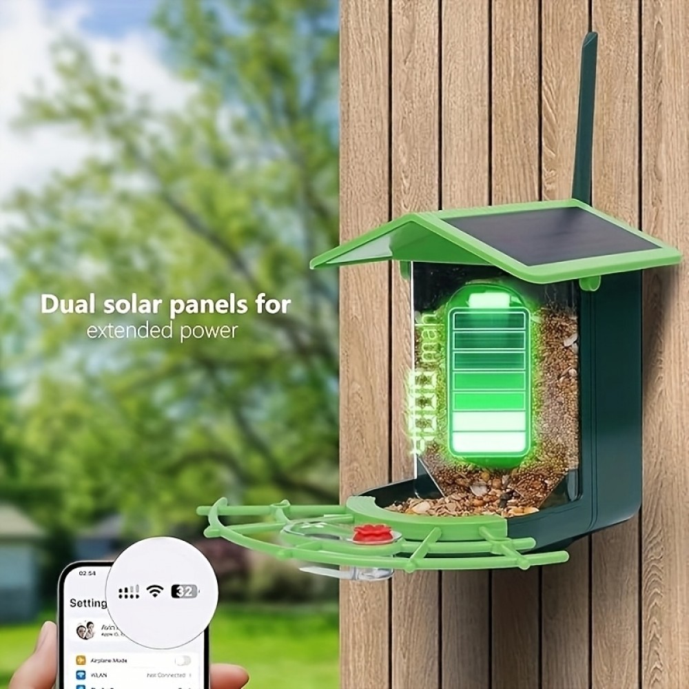 Nichoir à oiseaux intelligent 1296p WiFi avec caméra solaire détection de mouvement et contrôle via application - Vert