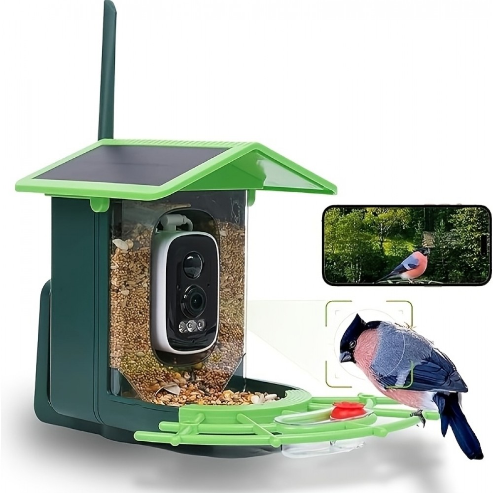 Nichoir à oiseaux intelligent 1296p WiFi avec caméra solaire détection de mouvement et contrôle via application - Vert