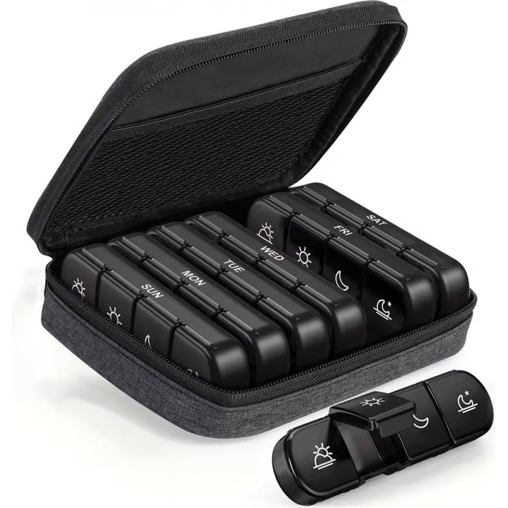 Pillen-Organizer f&uuml;r Reisen 7 Tage und 4 Einnahmen t&auml;glich tragbare Tablettenbox mit eleganter Tasche - Schwarz