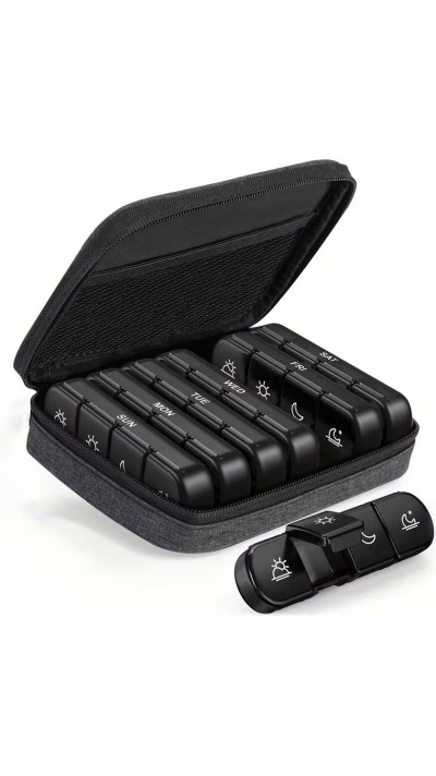 Pillen-Organizer f&uuml;r Reisen 7 Tage und 4 Einnahmen t&auml;glich tragbare Tablettenbox mit eleganter Tasche - Schwarz