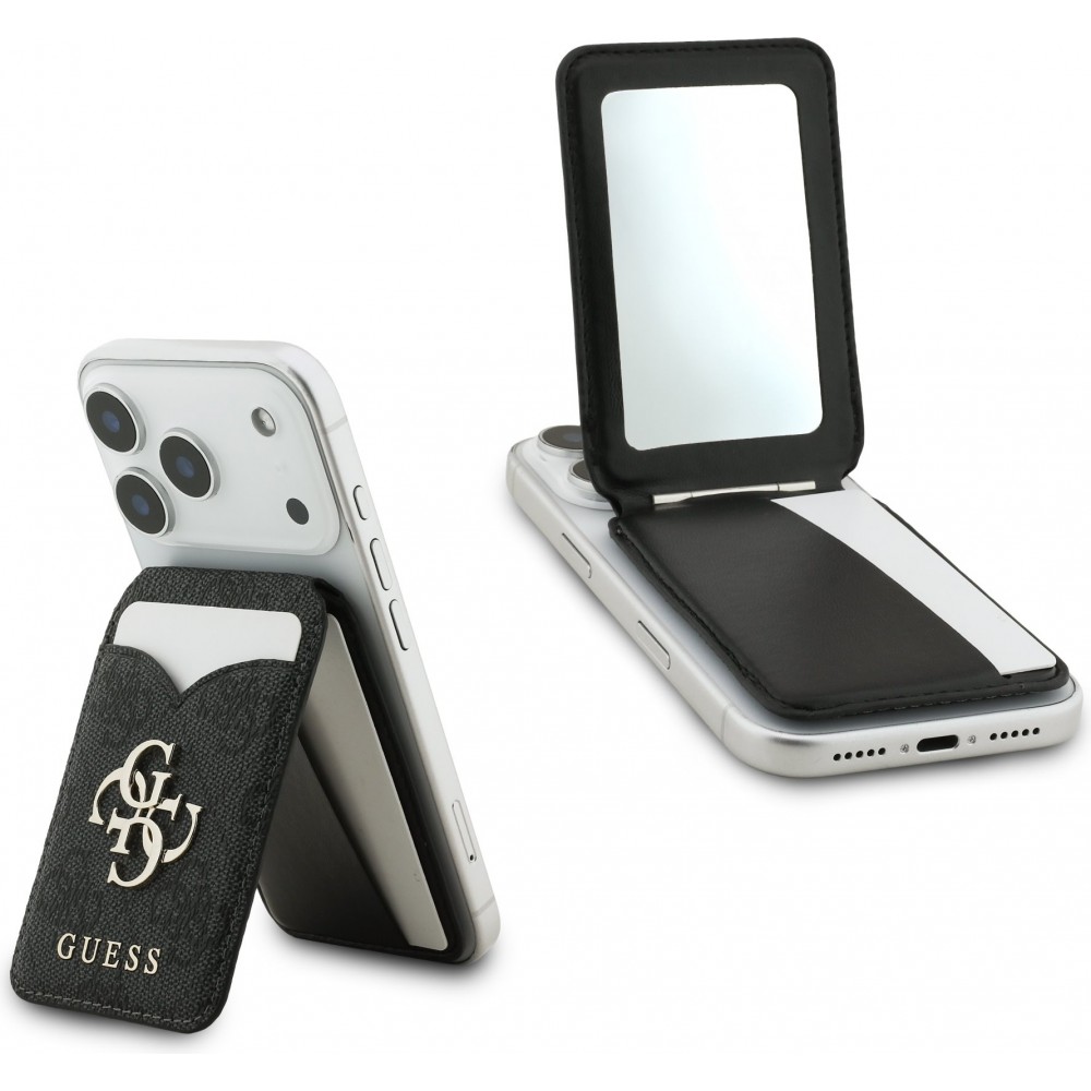 Guess 4G Metall Kartenetui MagSafe St&auml;nderfunktion mit Spiegel - Schwarz