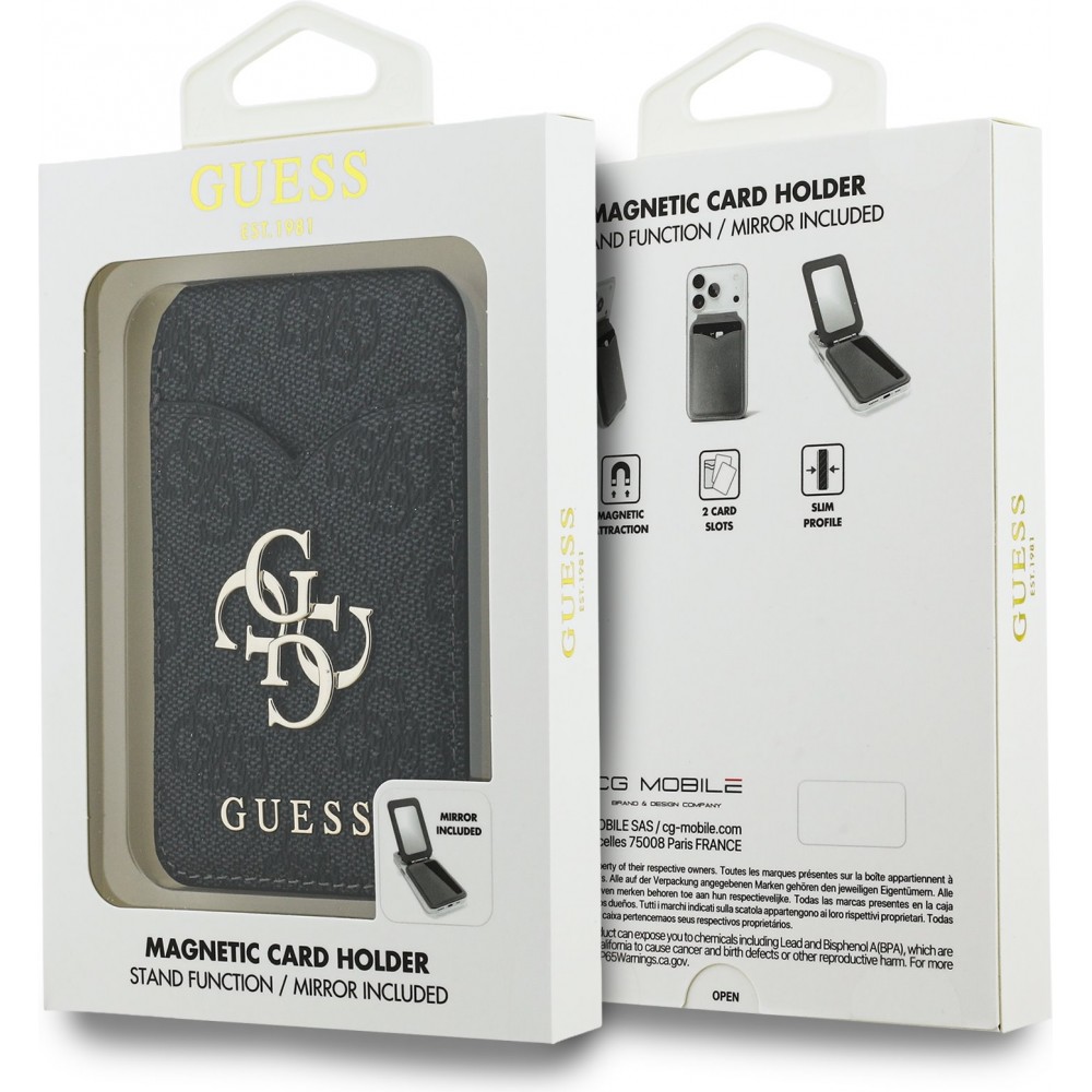 Guess 4G Metall Kartenetui MagSafe St&auml;nderfunktion mit Spiegel - Schwarz