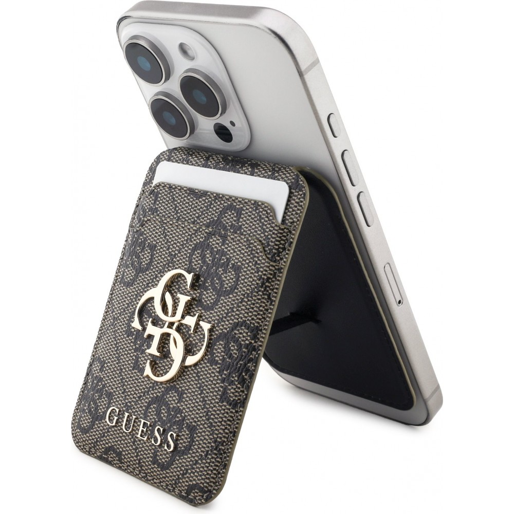 Porte-cartes magn&eacute;tique compatible MagSafe avec support int&eacute;gr&eacute; logo Guess en m&eacute;tal - Brun