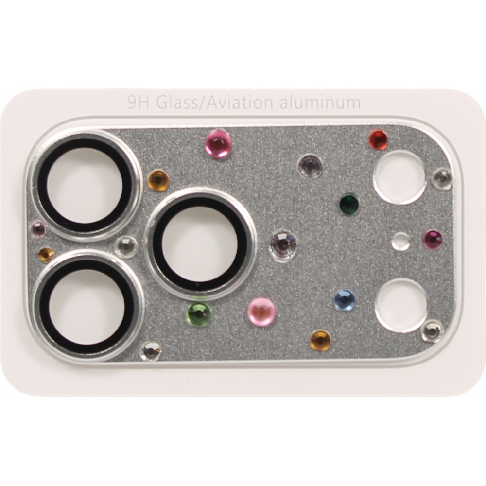 Luxuriöser 3D Kamera-Schutz für mit Strass und gehärtetem Metall-Glas-Rückseite - Silber - iPhone 17 Pro Max