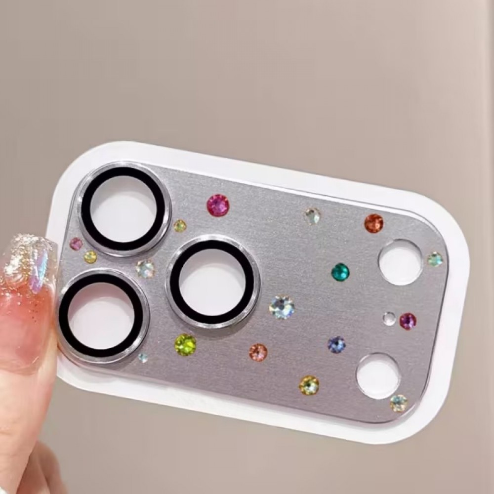 Luxuriöser 3D Kamera-Schutz für mit Strass und gehärtetem Metall-Glas-Rückseite - Silber - iPhone 17 Pro Max