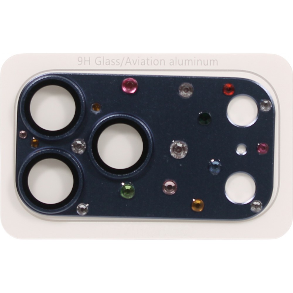 Luxuriöser 3D Kamera-Schutz für mit Strass und gehärtetem Metall-Glas-Rückseite - Blau - iPhone 17 Pro Max