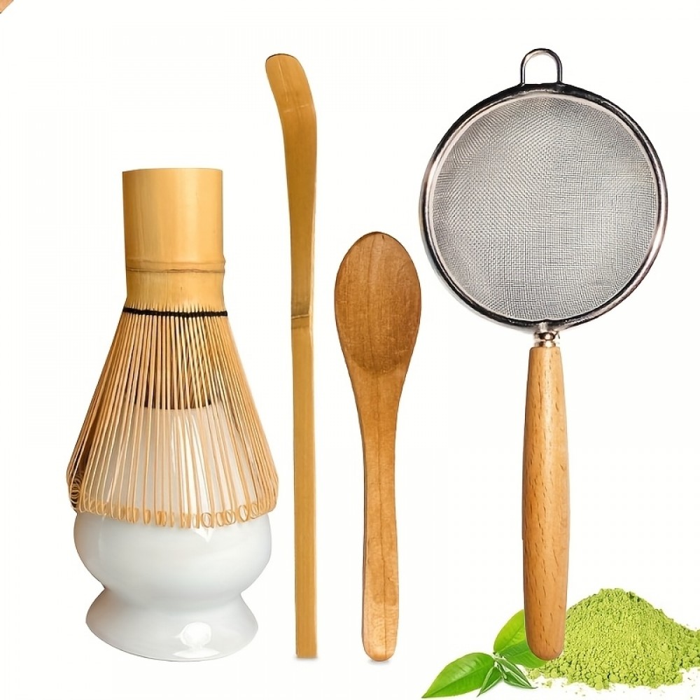 Bambus-Matcha-Set mit 5 Zubehörteilen für die Zubereitung von grünem japanischen Tee (Chasen, Halter, Sieb, Löffel)