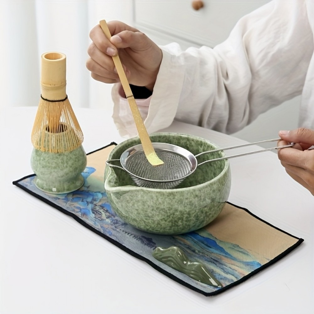7-teiliges Matcha-Zeremonie-Set mit Holzbesen (Chasen) / Halterung / Keramikschale und Zubehör - Grün