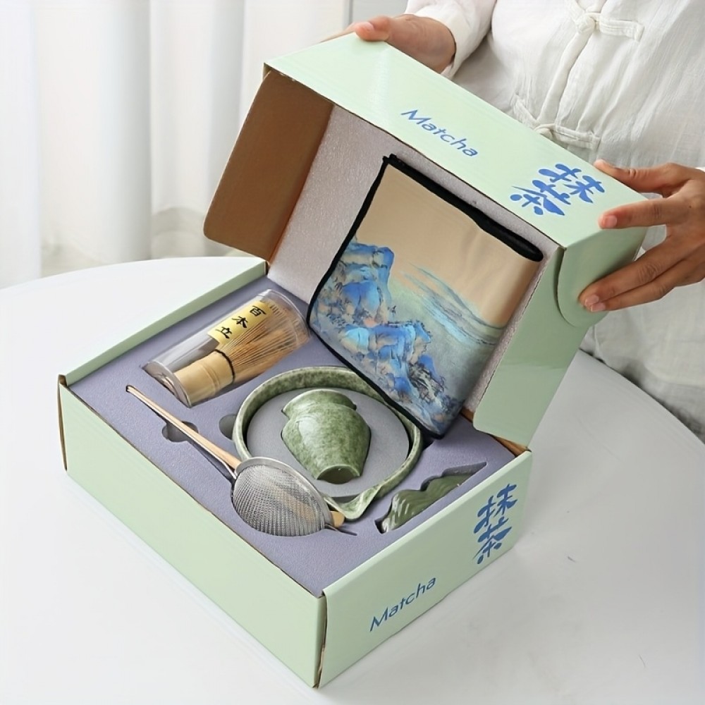 7-teiliges Matcha-Zeremonie-Set mit Holzbesen (Chasen) / Halterung / Keramikschale und Zubehör - Grün