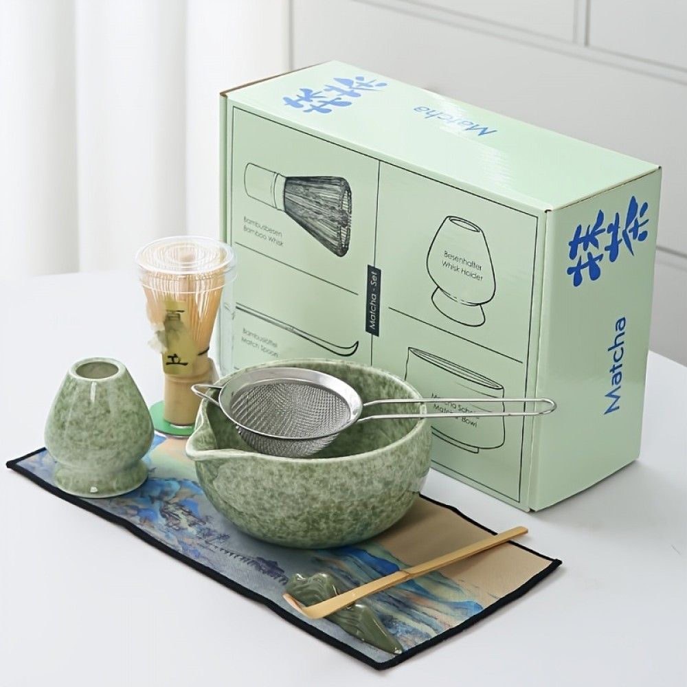 7-teiliges Matcha-Zeremonie-Set mit Holzbesen (Chasen) / Halterung / Keramikschale und Zubehör - Grün