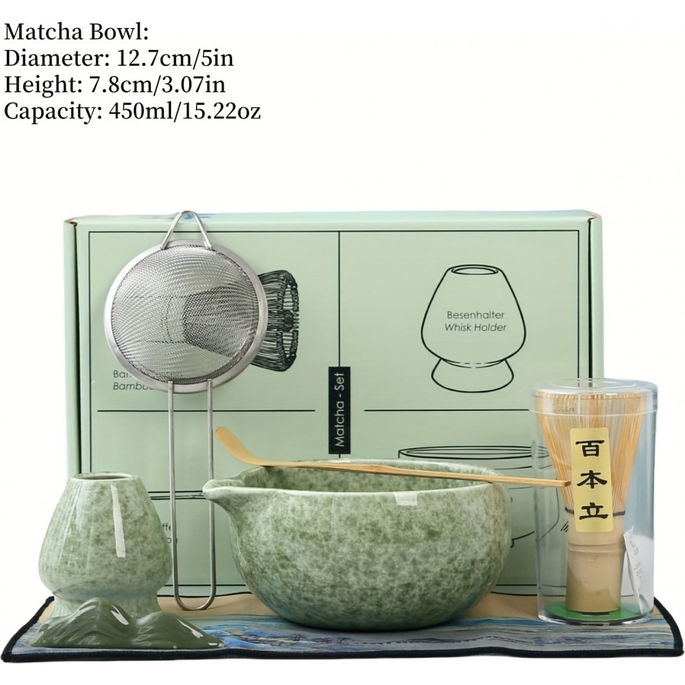 7-teiliges Matcha-Zeremonie-Set mit Holzbesen (Chasen) / Halterung / Keramikschale und Zubehör - Grün