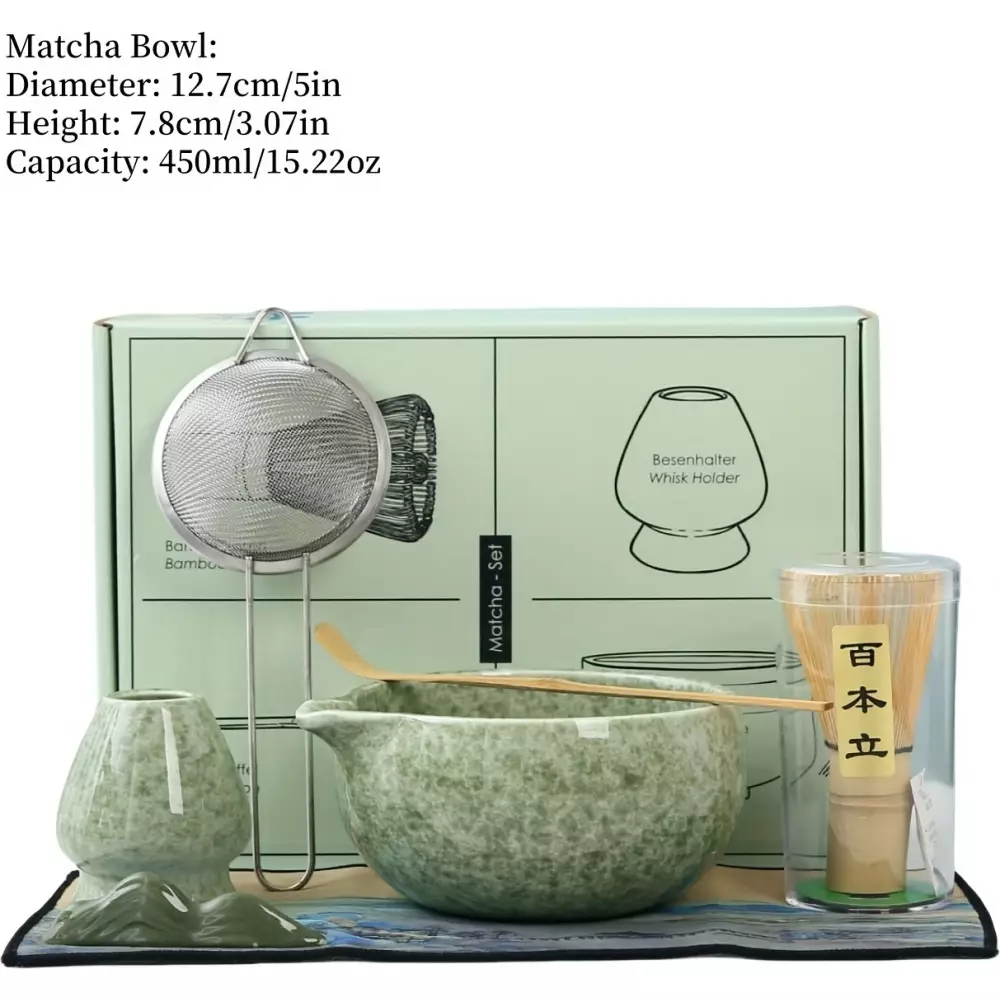 Set de cérémonie pour thé matcha 7 pièces avec fouet en bois (chasen) / support / bol céramique / tapis / accessoires - Vert