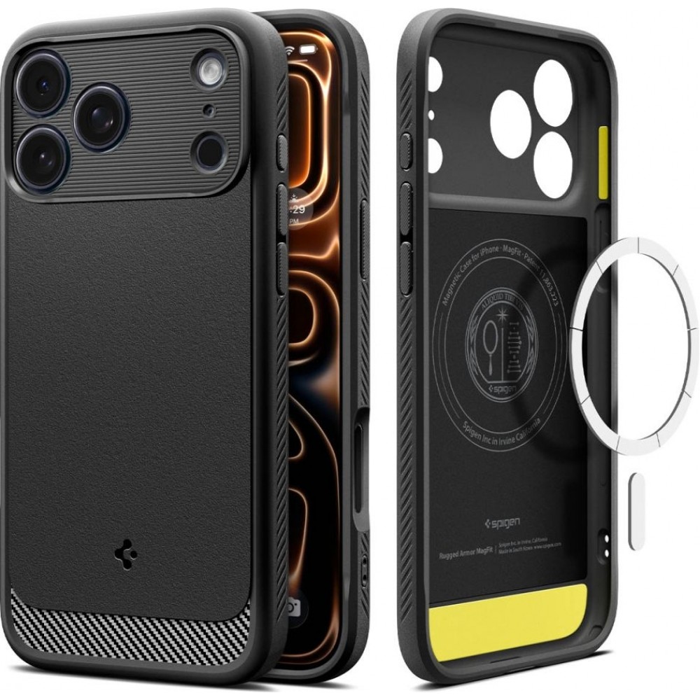 iPhone 17 Pro Case Hülle - Spigen Rugged Armor MagFit MagSafe kompatibel robust und langlebig - Schwarz