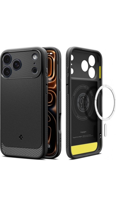 iPhone 17 Pro Case Hülle - Spigen Rugged Armor MagFit MagSafe kompatibel robust und langlebig - Schwarz