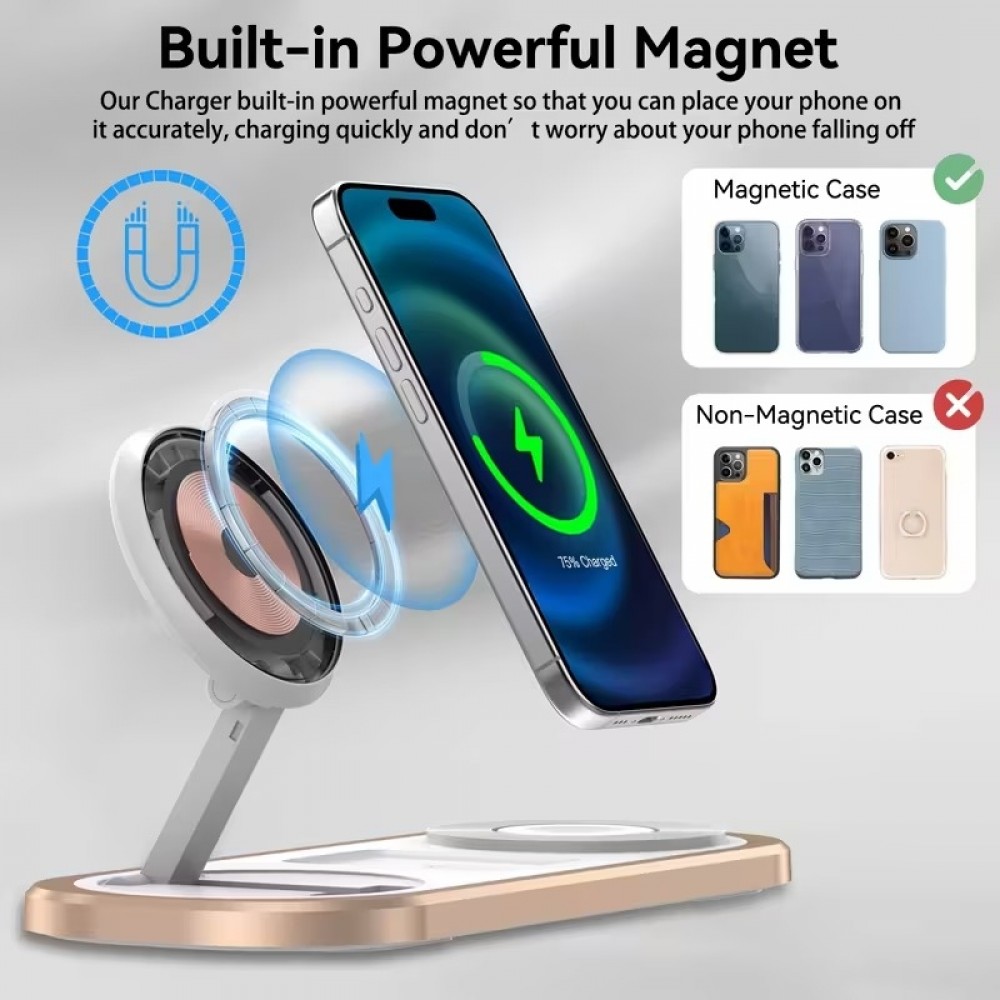 Magnetische 3-in-1 15W Wireless-Ladestation klappbar f&uuml;r iPhone, Apple Watch und AirPods - Schwarz