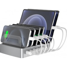 Station de charge multi-t&eacute;l&eacute;phones universelle 72W - Chargeur rapide multi-ports 2 type-c, 4x USB, DC et AC pour smartphones, tablettes avec support - Argent