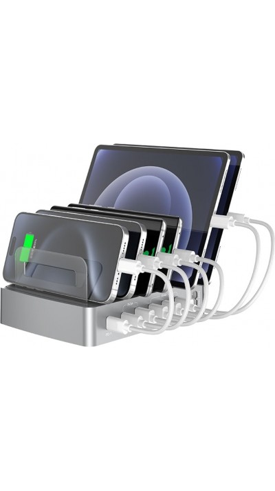 Universelles 72W Multi-Telefon-Ladestation - Schneller Multi-Port-Ladegerät mit 2x Typ-C, 4x USB, DC und AC für Smartphones, Tablets mit Halterung - Silber