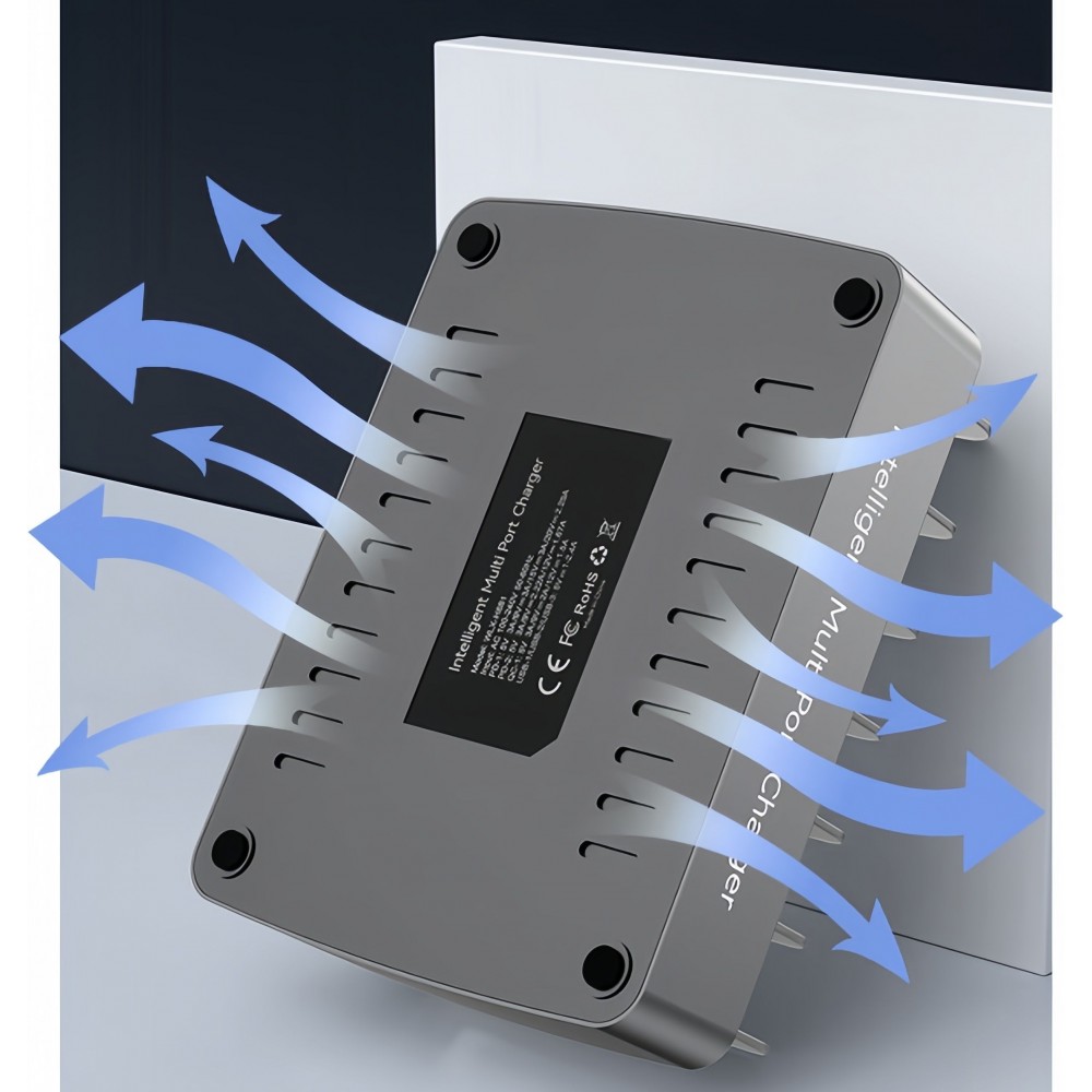 Station de charge multi-t&eacute;l&eacute;phones universelle 72W - Chargeur rapide multi-ports 2 type-c, 4x USB, DC et AC pour smartphones, tablettes avec support - Argent