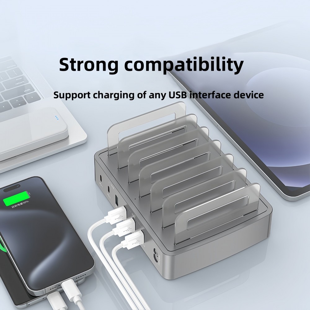 Station de charge multi-t&eacute;l&eacute;phones universelle 72W - Chargeur rapide multi-ports 2 type-c, 4x USB, DC et AC pour smartphones, tablettes avec support - Argent