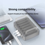 Station de charge multi-t&eacute;l&eacute;phones universelle 72W - Chargeur rapide multi-ports 2 type-c, 4x USB, DC et AC pour smartphones, tablettes avec support - Argent