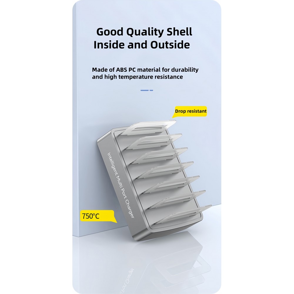 Station de charge multi-t&eacute;l&eacute;phones universelle 72W - Chargeur rapide multi-ports 2 type-c, 4x USB, DC et AC pour smartphones, tablettes avec support - Argent