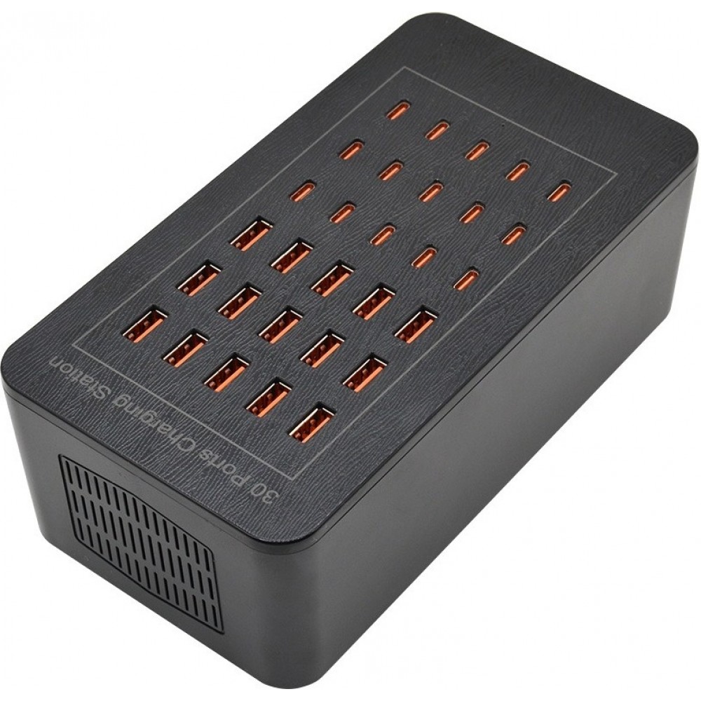 150W USB-C und USB-A Mehrfach-Ladegerät mit 30 Ports für Smartphones, Tablets und Zubehör - Schwarz